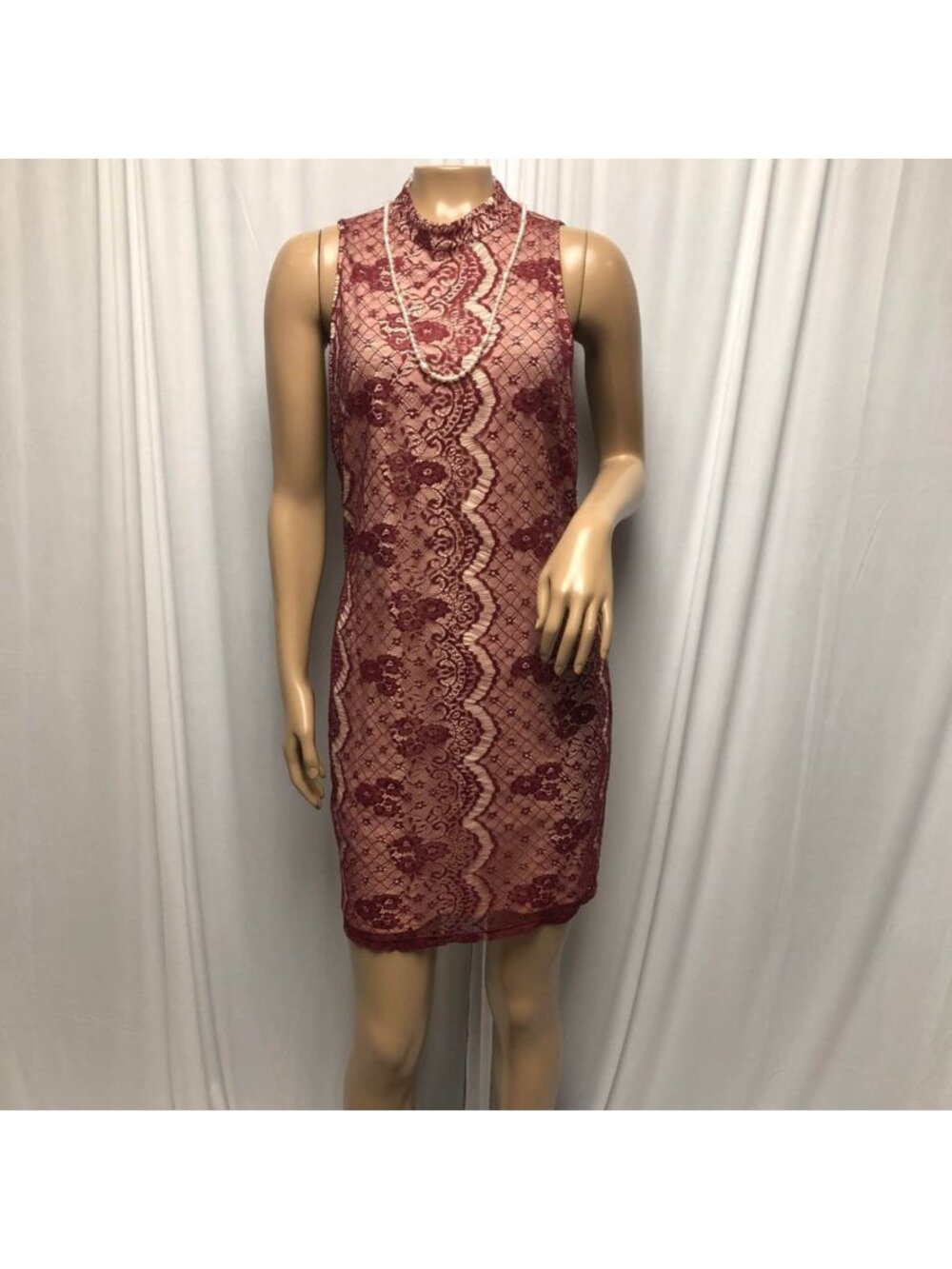 Lush Dress Womens Sz Large Burgundy Lace over Tan Sleeveless Sexy Bodycon Party